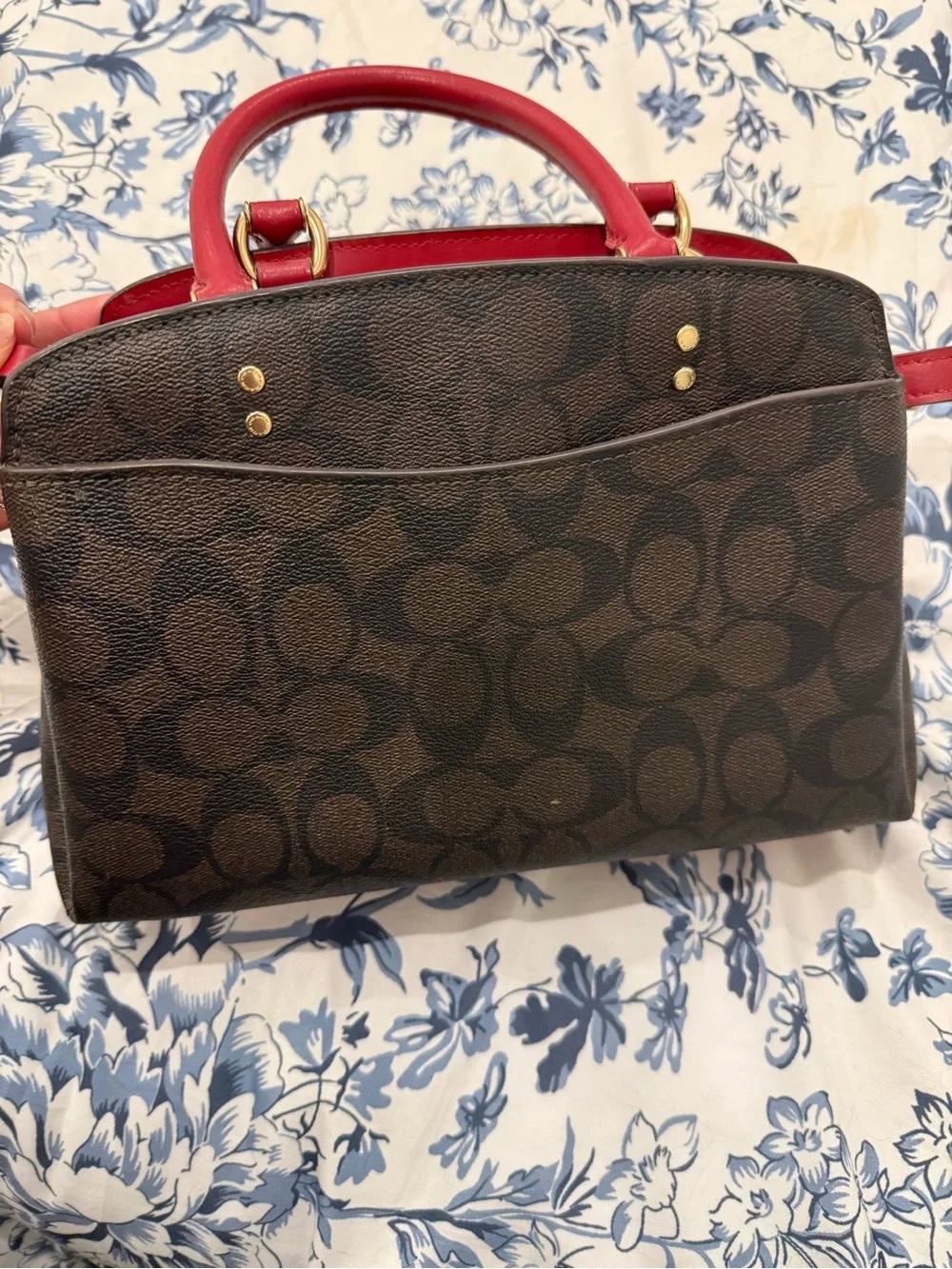 COACH Brown Signature Satchel with Red Handles and Gold Hardware